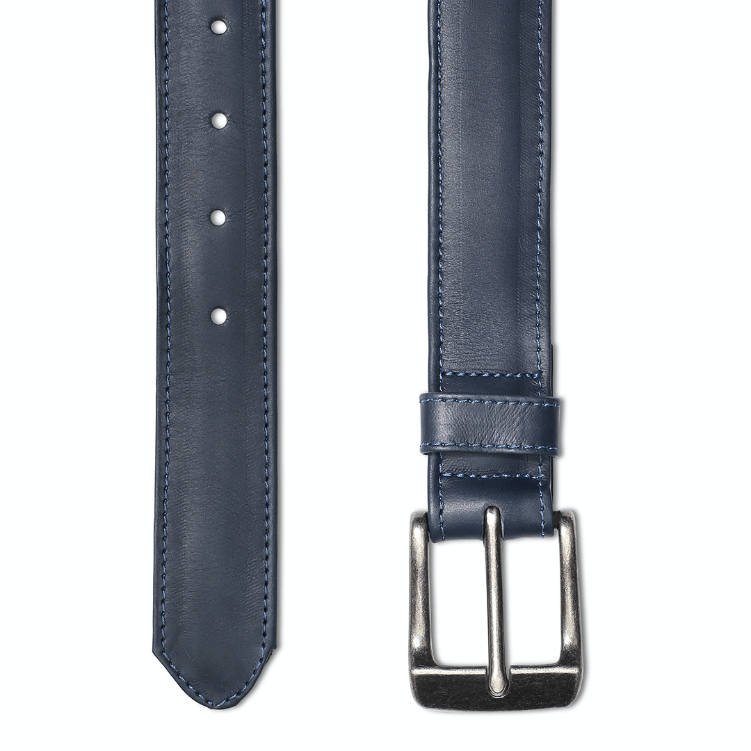 Blue leather belt, laid out full length, personalization available