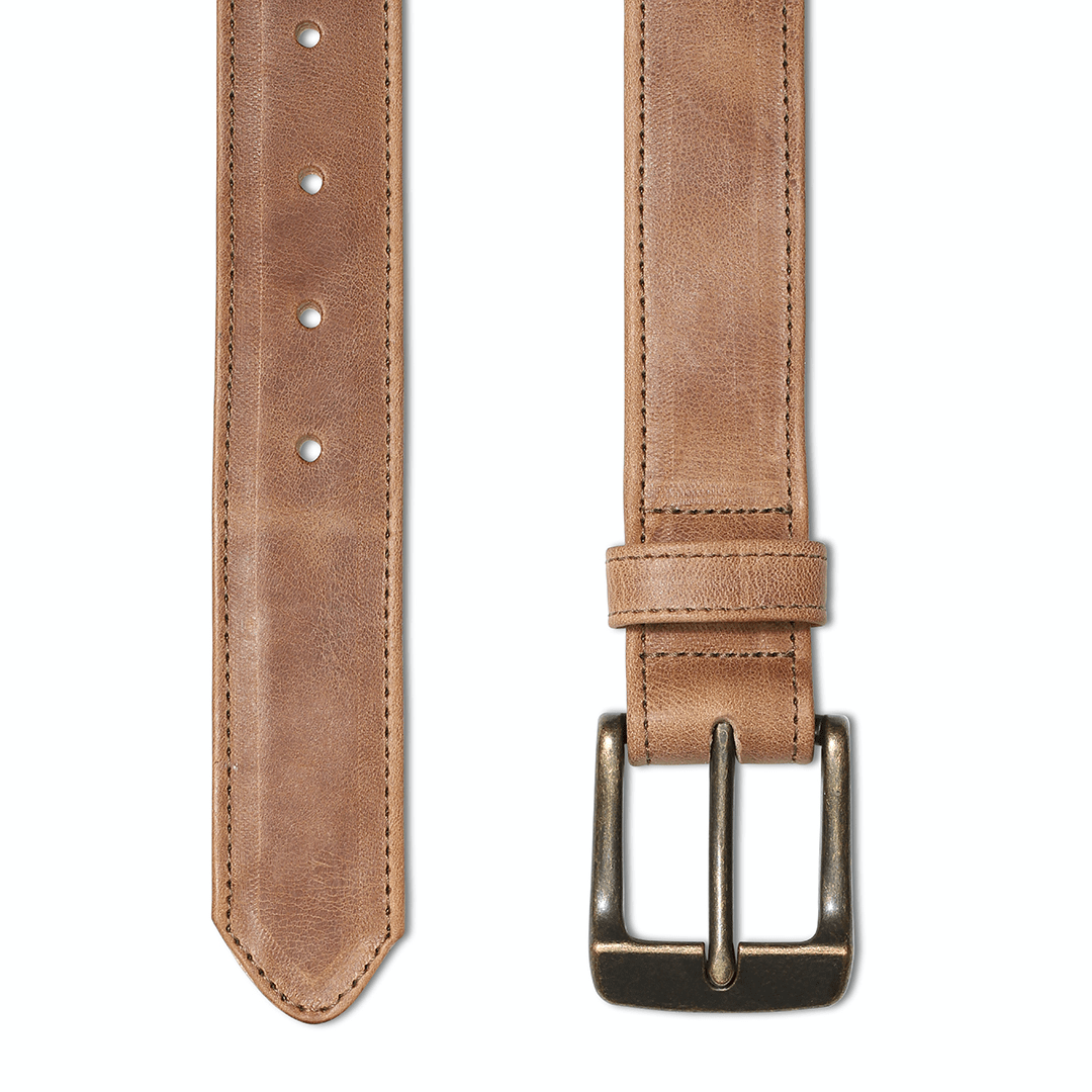 Tan leather belt, laid out full length