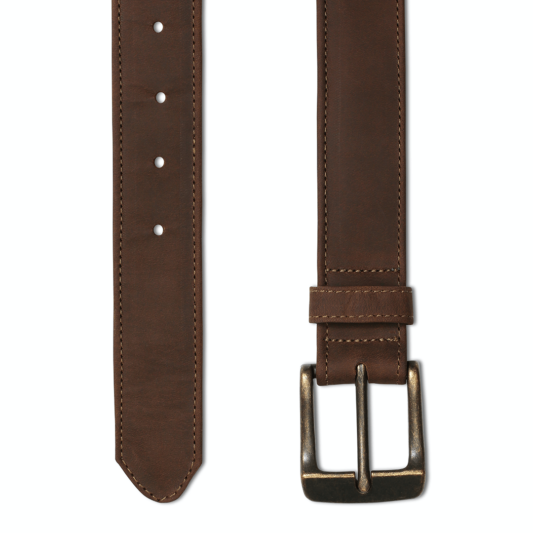 Dark brown leather belt, laid out full length, handcrafted and made to order