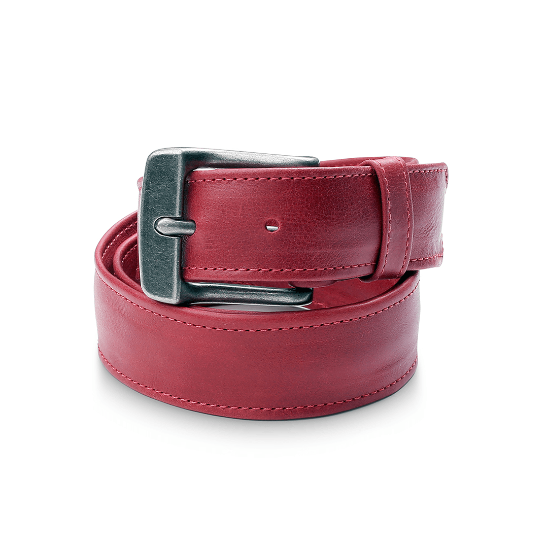 Red leather belt, coiled, full-grain leather, made by hand