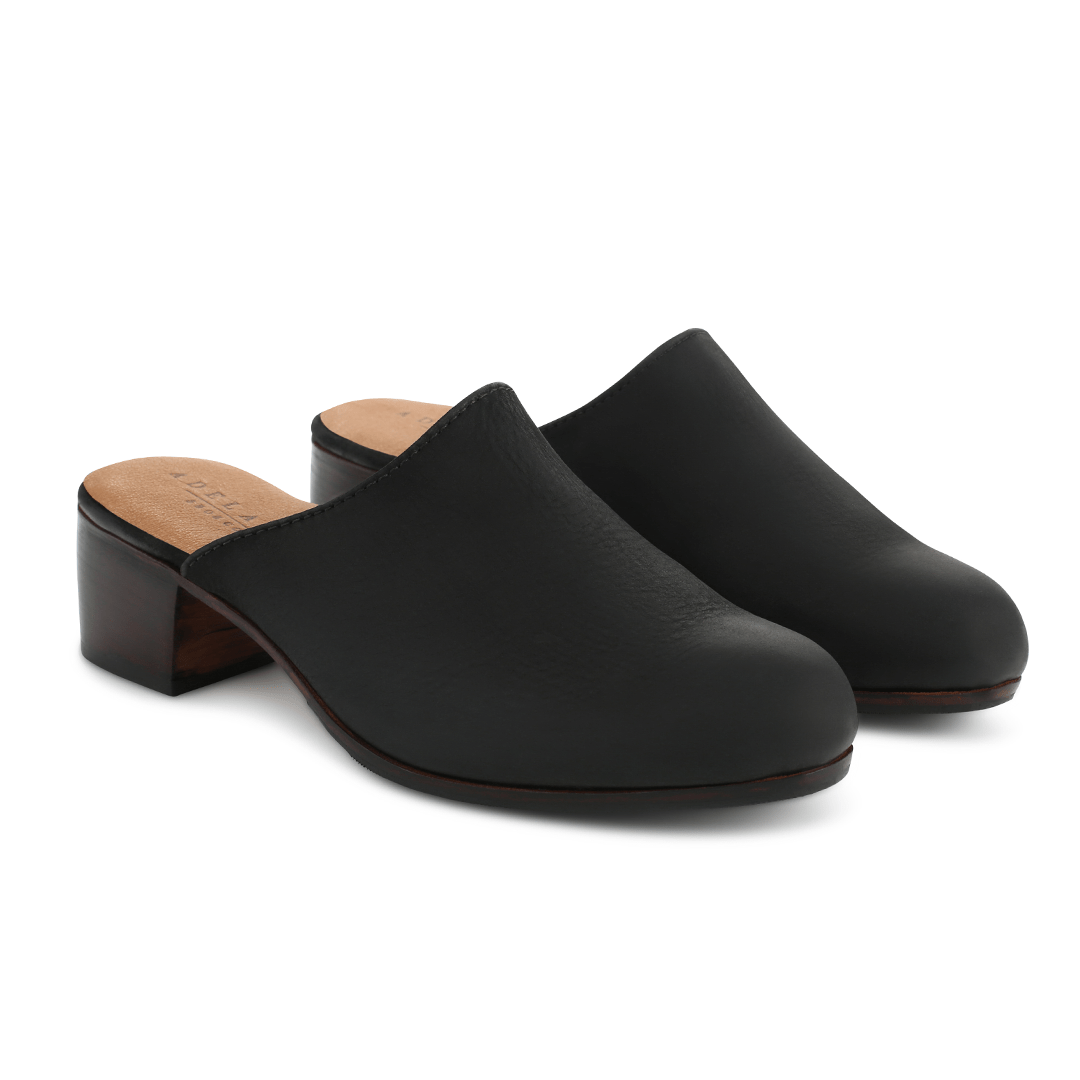 Women's EE wide black leather heeled mules, shown from the front at an angle. For feet that are hard to fit – The Camila