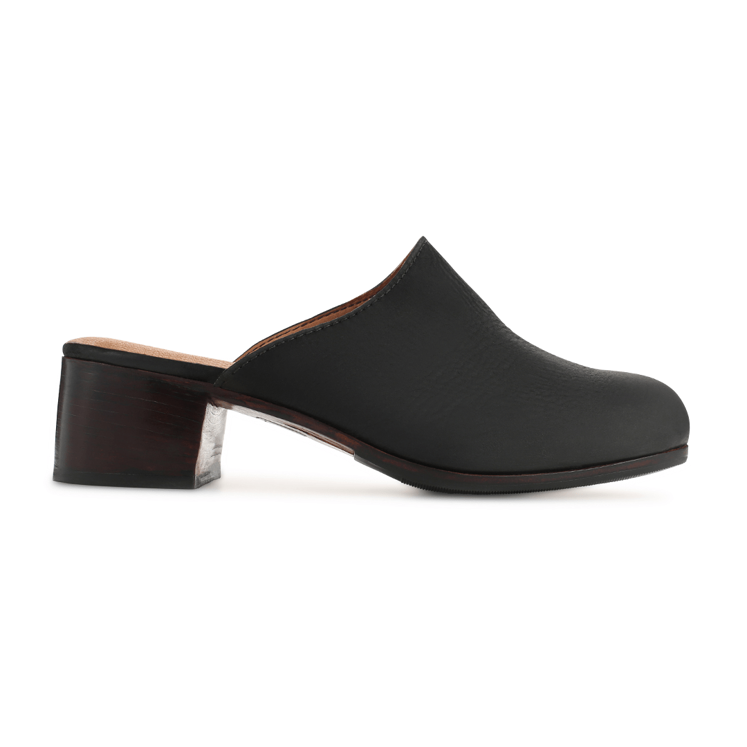 Side view of a women's 2E-wide black leather heeled mule, built to order, even in size 14 – The Camila