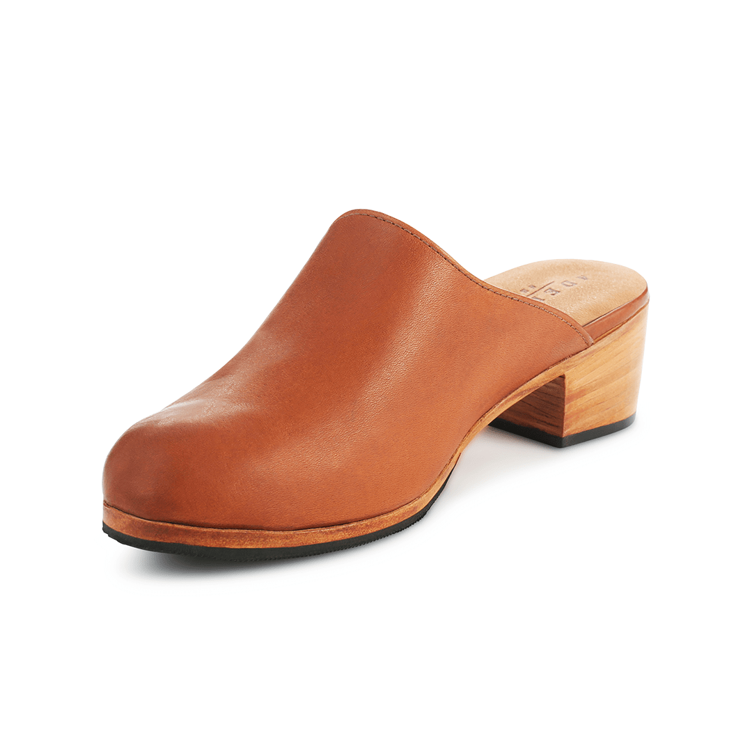 Women's EE wide light brown leather heeled mule, shown from the front at an angle, made by hand in Guatemala – The Camila