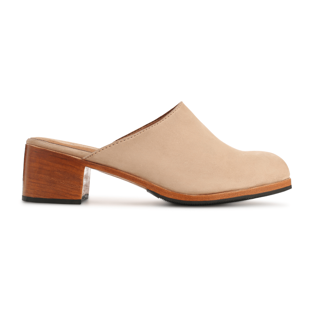 Women's wide cream leather heeled mule, seen from the side, each pair made to order – The Camila