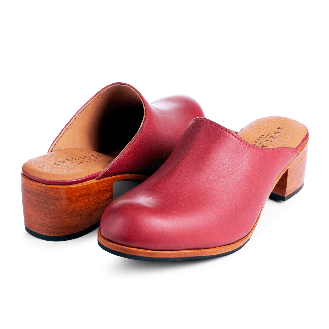 Women's 3E-wide red leather heeled mules, shown at an angle, made to order in size 5 – The Camila