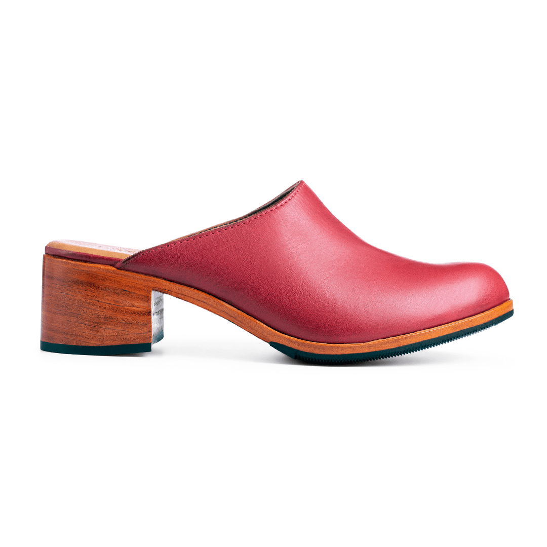 Women's 3E-wide red leather heeled mule, shown in side profile, also made for size 6 feet – The Camila