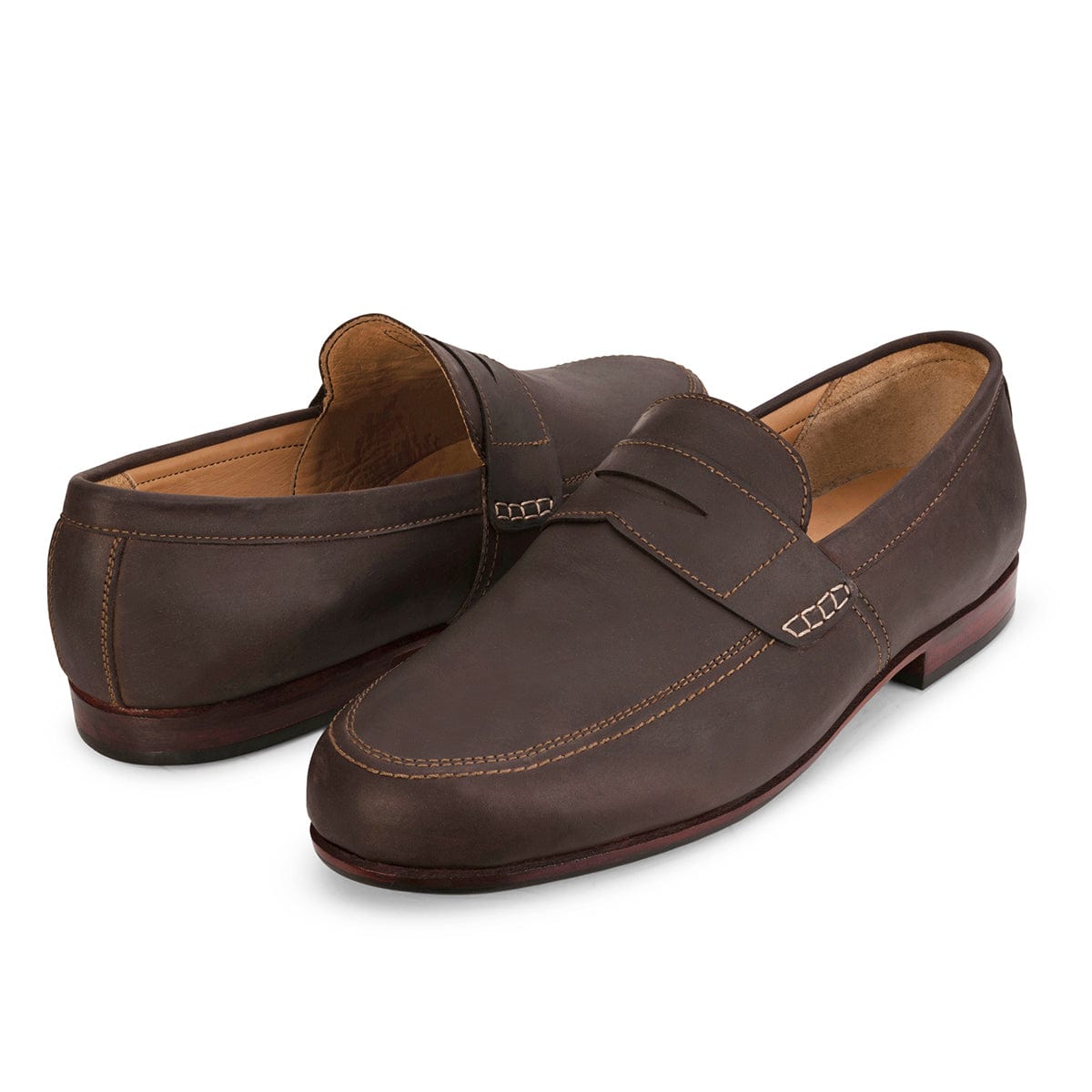 Brown leather men's dress loafers with buckle accents and stitched apron detailing by Adelante Made To Order