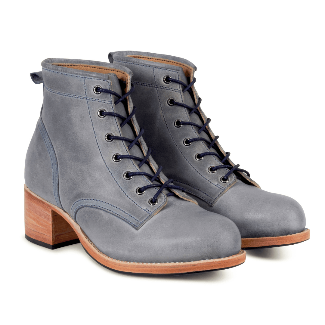 Gray women's combat boots with lace up fronts and sturdy two inch block heels by Adelante Shoes