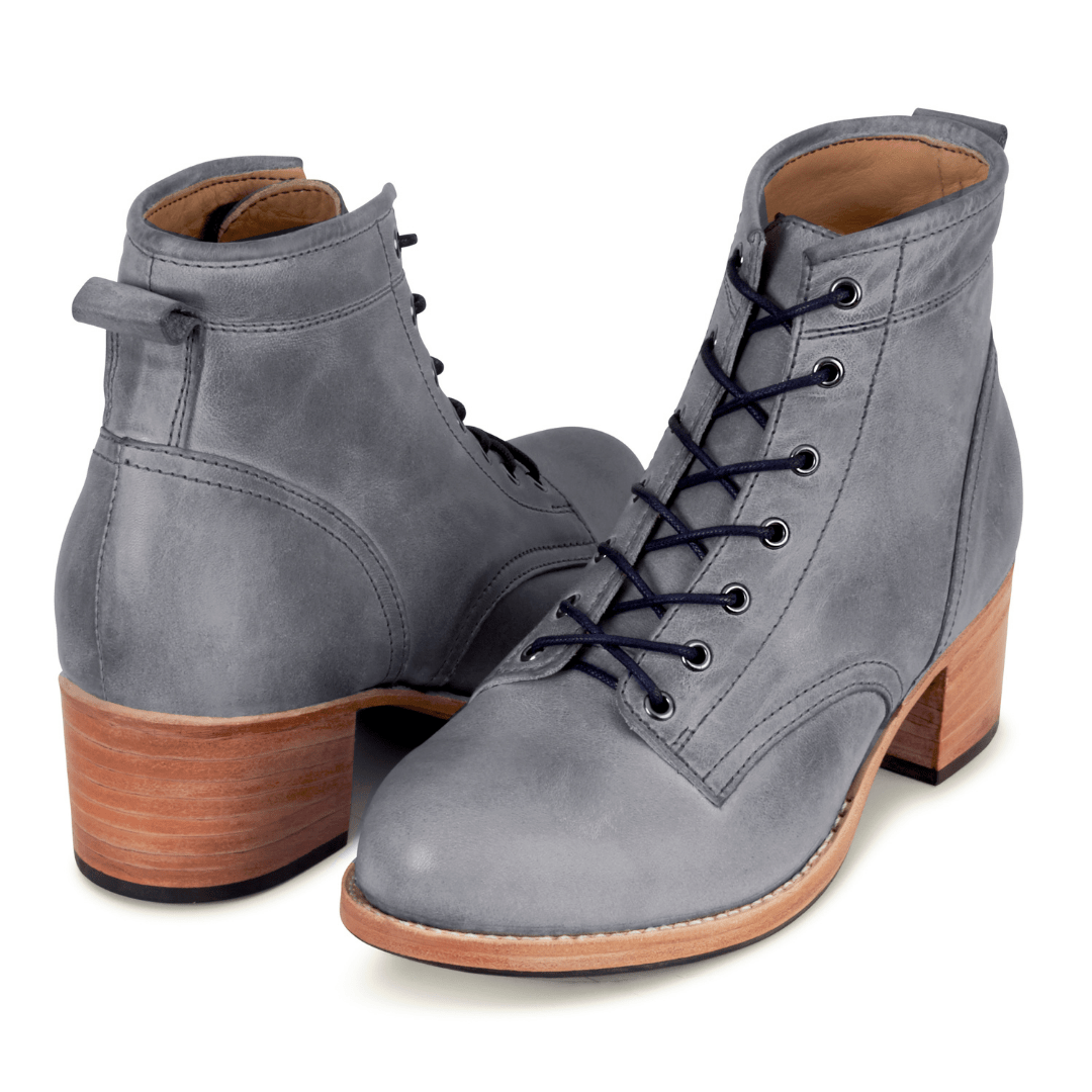 Gray women's wide combat boots with lace-up fronts and 2 inch block heels by Adelante