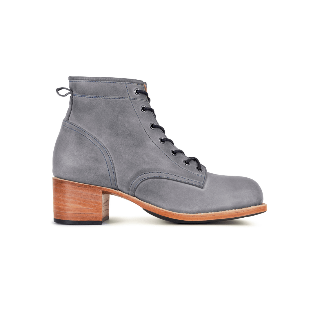 Gray women's wide combat boot with lace up front and two inch block heel by Adelante Shoes