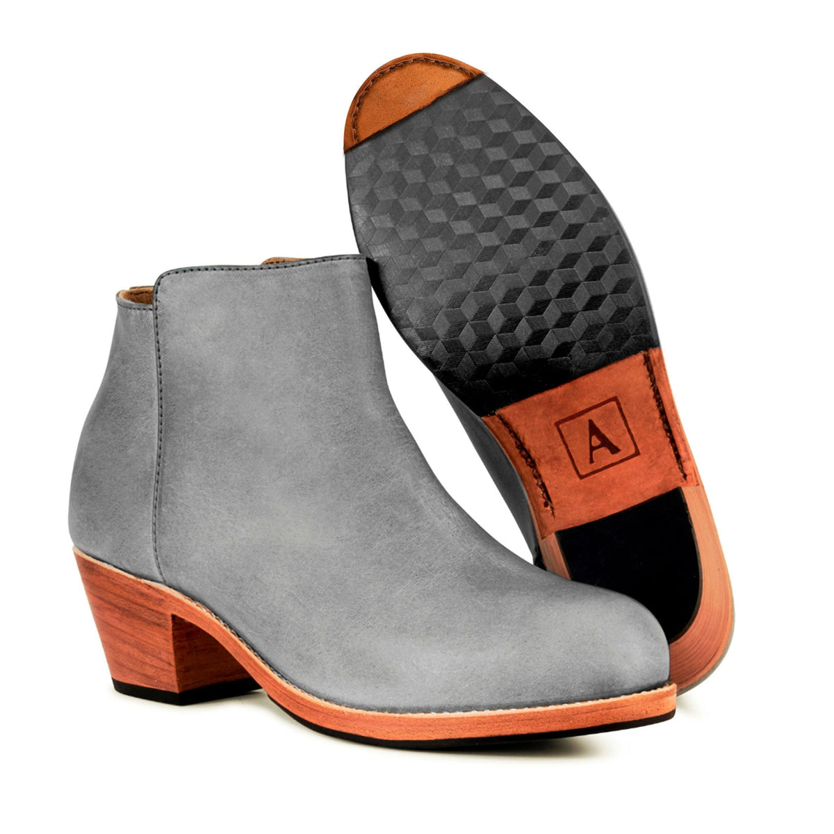 Adelante women's gray leather ankle boot with tapered wood heel and textured sole available in sizes 4 to 8.5 and wide widths