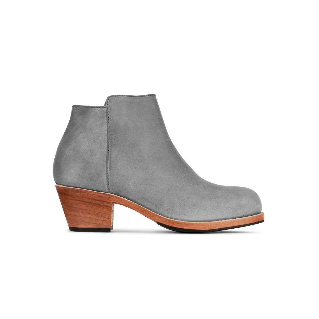 Gray leather women's ankle boot with a tapered wood heel by Adelante Made To Order available in narrow to extra wide widths