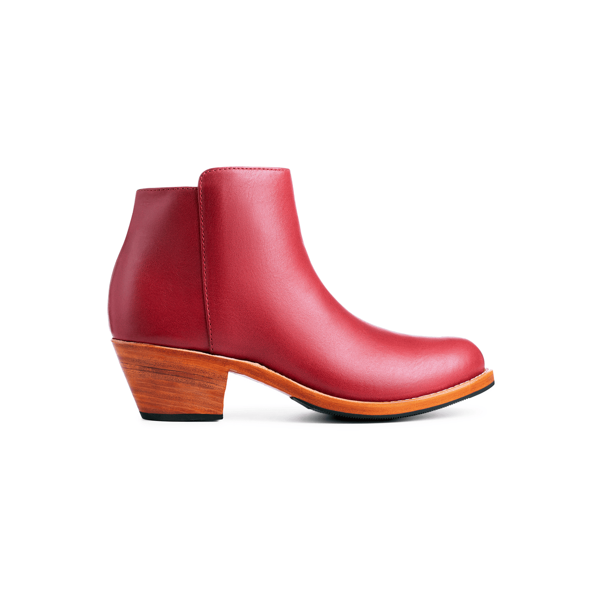Red leather womens ankle boot with a tapered wood heel handcrafted by Adelante Shoes and available in narrow to extra wide widths