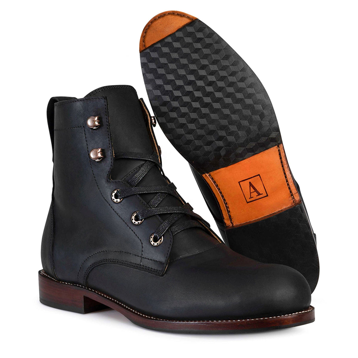 Adelante black mens lace up leather boots with contrast orange soles and Goodyear welt construction