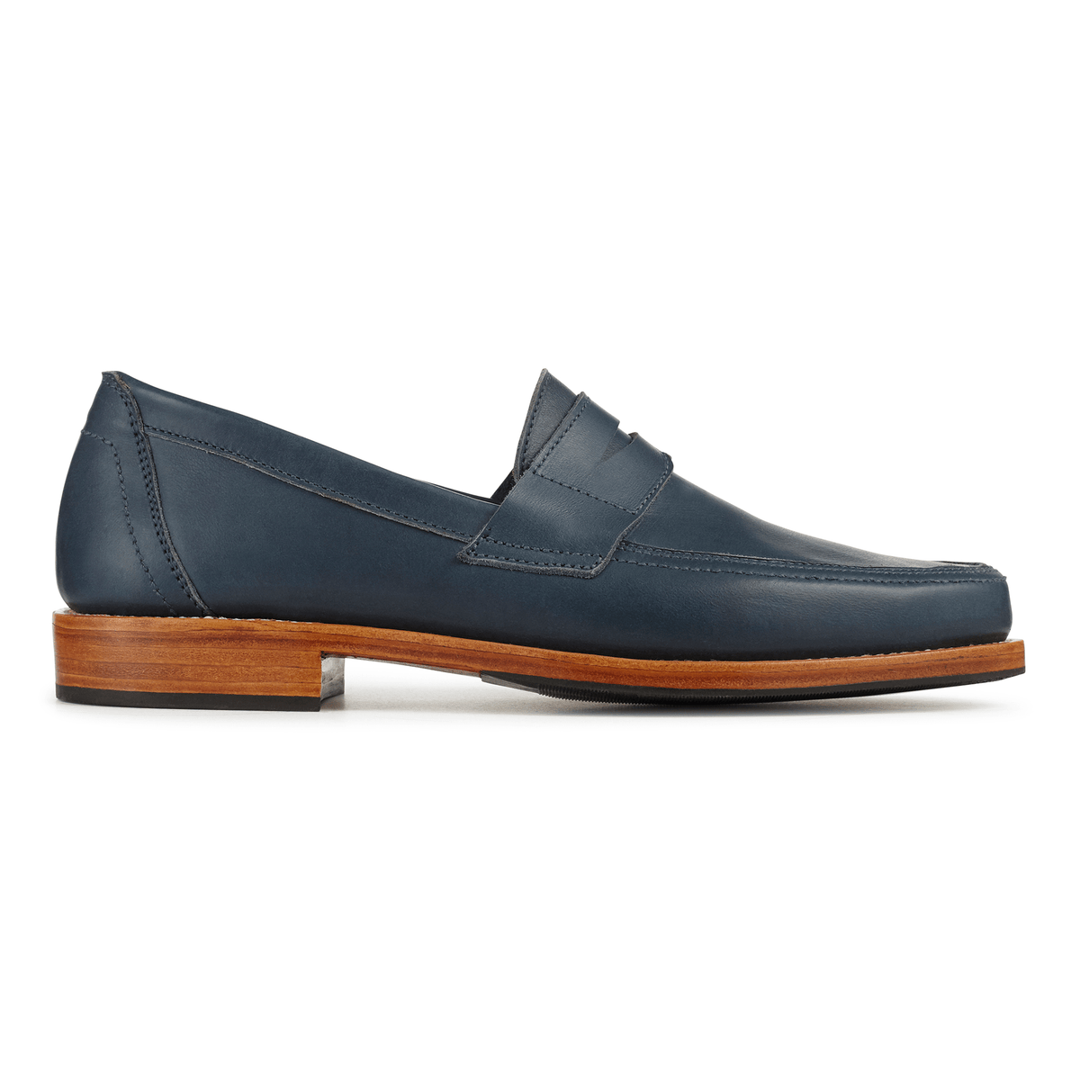 Navy men's penny loafer with classic penny bridge, sleek toe, and stacked wood heel by Adelante Made-To-Order