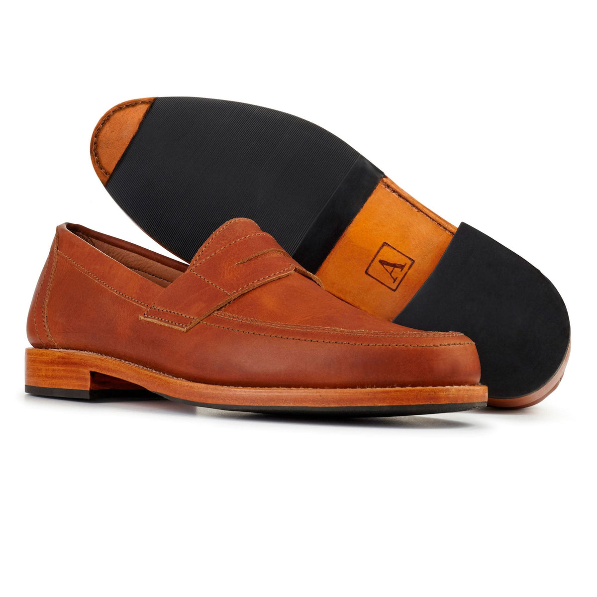 Adelante mens brown leather penny loafers with a classic penny bridge, handcrafted and available in wide widths