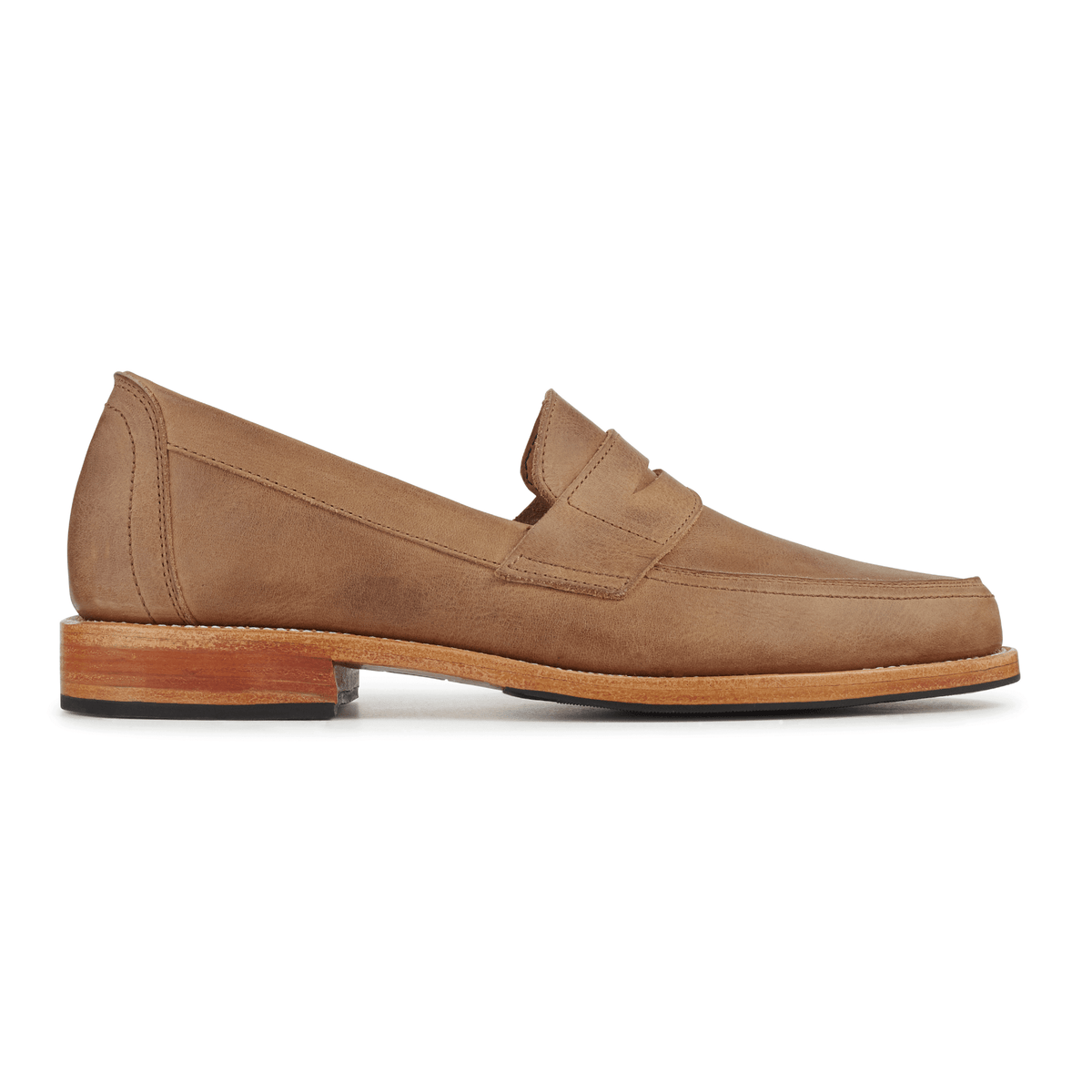 Mens tan penny loafer with classic penny bridge sleek toe and stacked wood tone heel by Adelante Made To Order