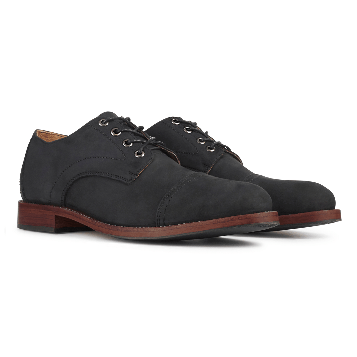 Men's 4E-wide black nubuck leather cap-toe derbies, shown at an angle, made to order in size 7.5 – The Marco
