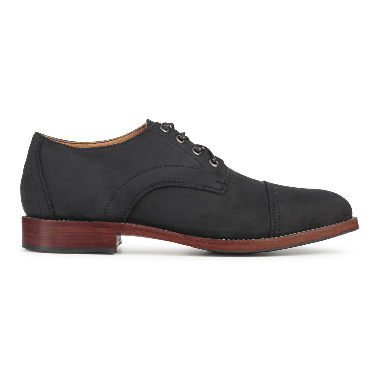 Men's extra-wide black leather cap-toe derby, seen from the side. For feet that are hard to fit – The Marco