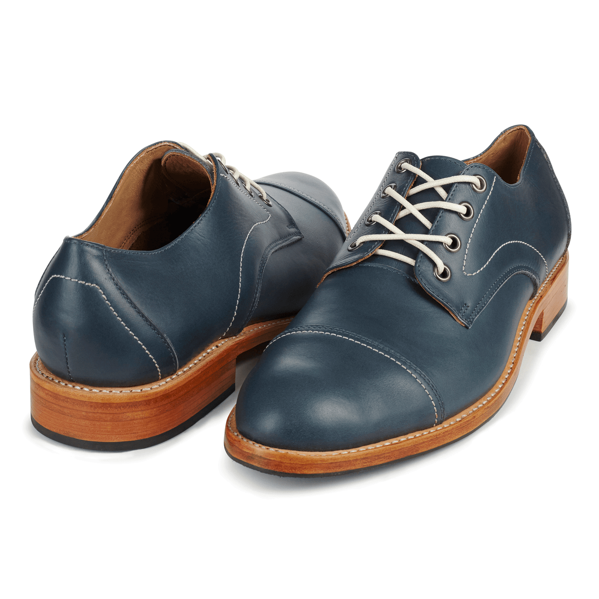 Men's EEE wide blue leather cap-toe derbies, shown at an angle, also made for size 4.5 feet – The Marco