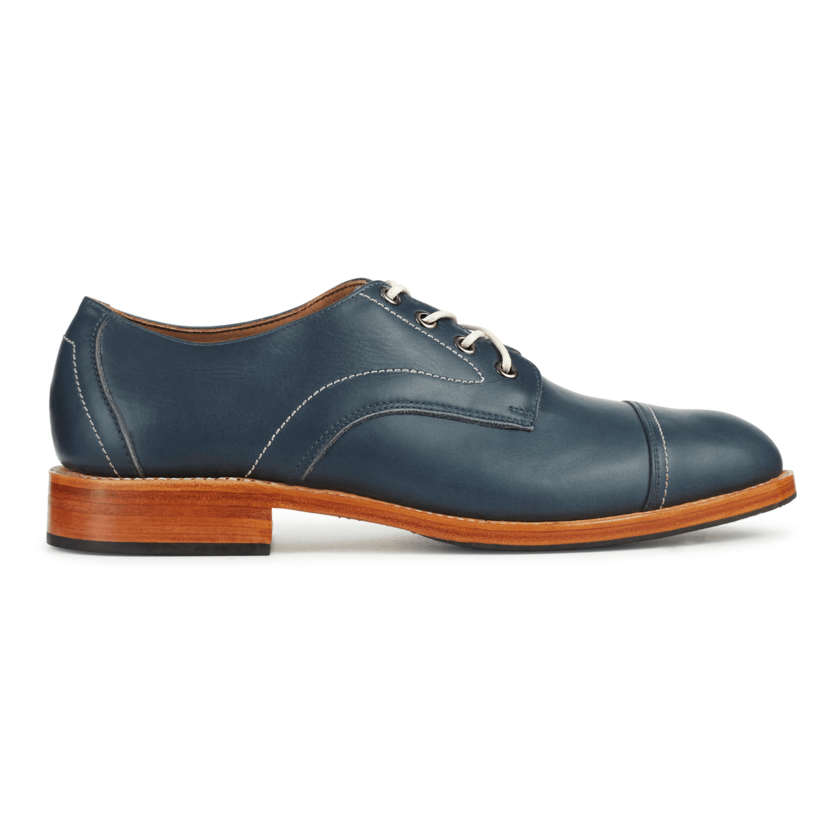 Men's wide blue leather cap-toe derby, shown in side profile, available to order in size 13 – The Marco