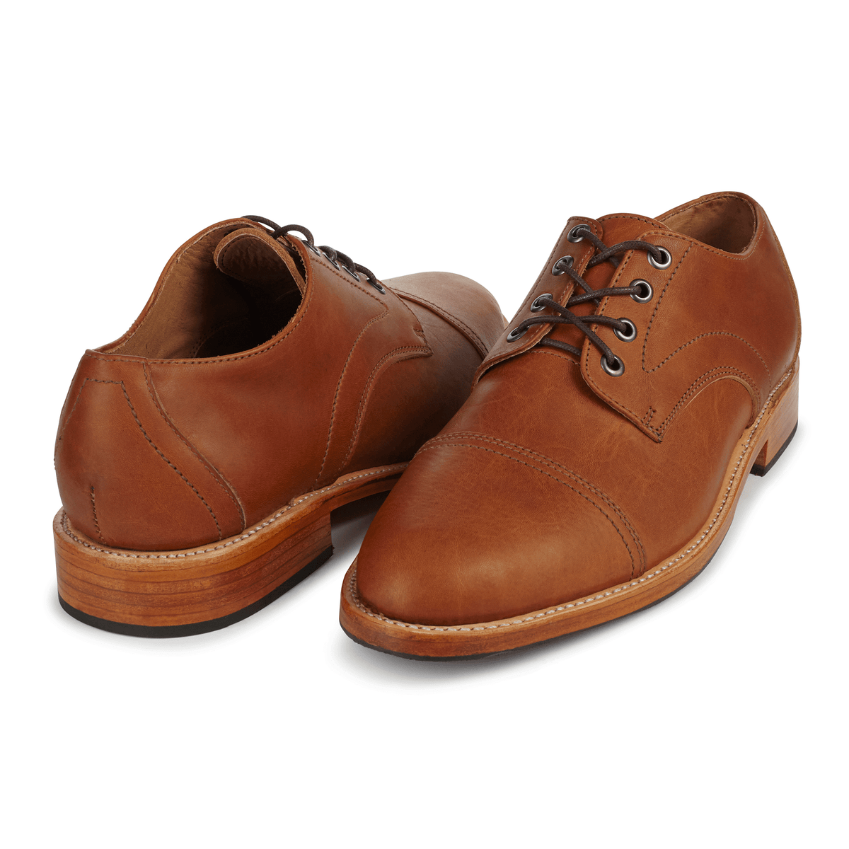 Men's 3E-wide light brown leather cap-toe derbies, shown at an angle, built to order, even in size 9 – The Marco