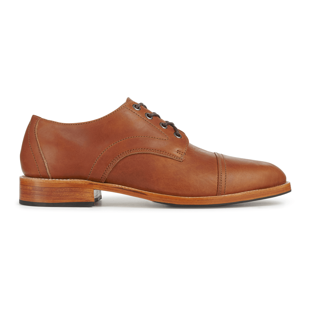 Side view of a men's 5E extra-wide light brown leather cap-toe derby, a size 5 is no problem – The Marco