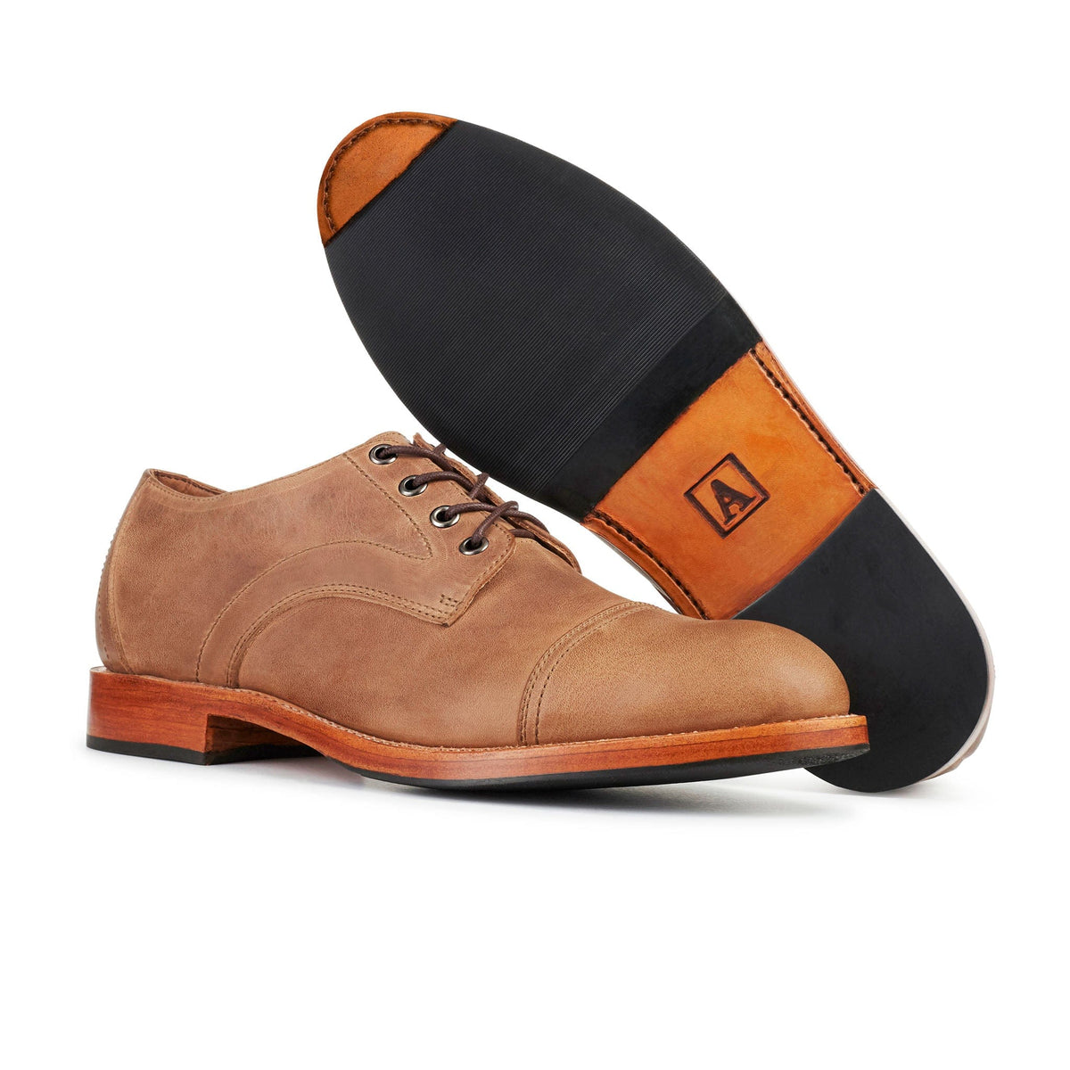 Men's EEEEE extra-wide tan leather cap-toe derby, with the sole turned up, handcrafted to fit size 13.5 – The Marco