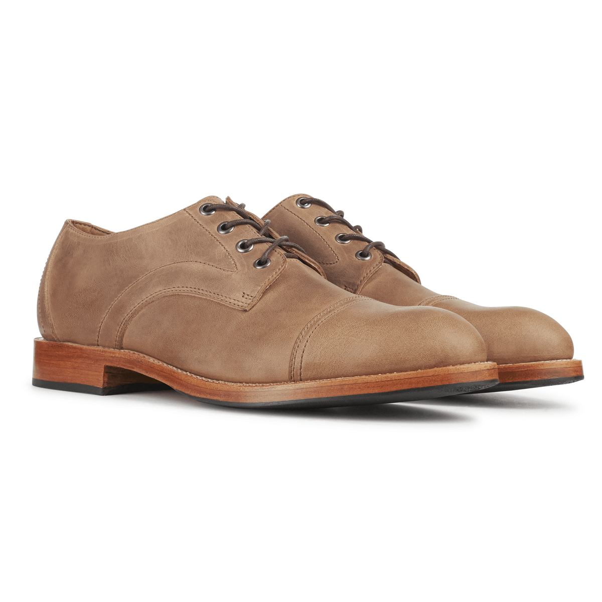 Men's extra-wide tan leather cap-toe derbies, shown at an angle, made to order in size 16 – The Marco