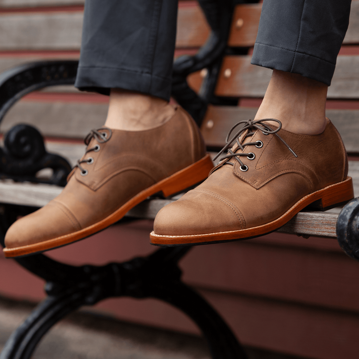 Men's 2E-wide tan leather cap-toe derbies, worn on foot, made to order for hard-to-fit feet – The Marco