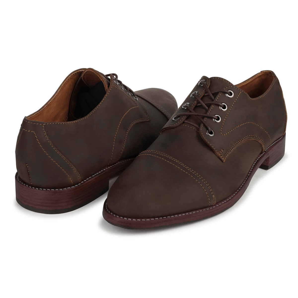 Men's 5E extra-wide dark brown leather cap-toe derbies, shown from the front at an angle. Available in every half size – The Marco
