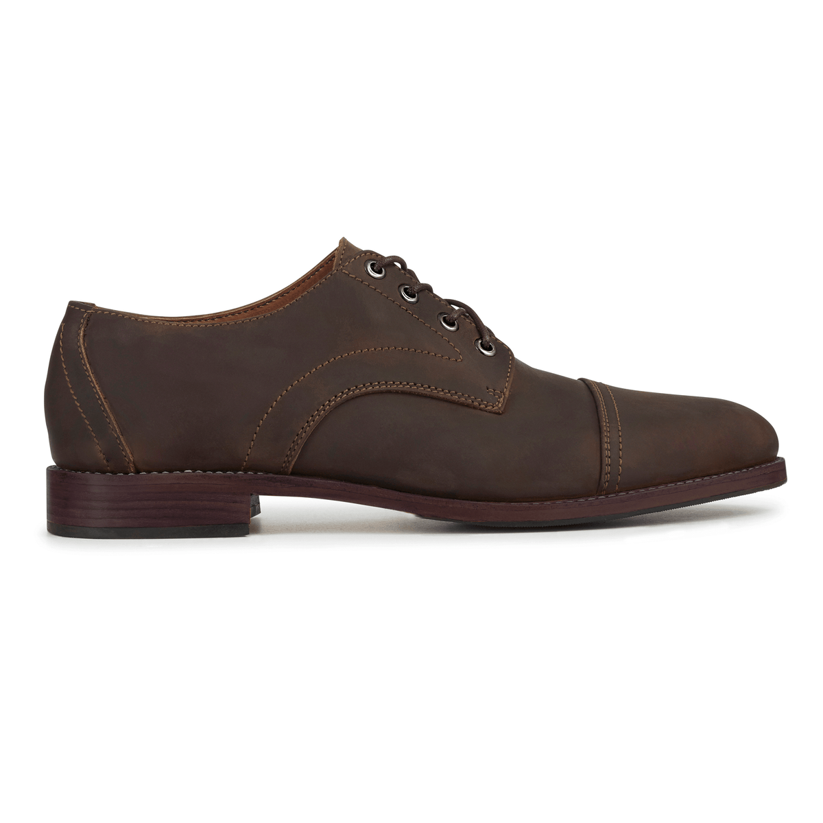 Men's EEE wide dark brown leather cap-toe derby, seen from the side, made to your exact length and width – The Marco