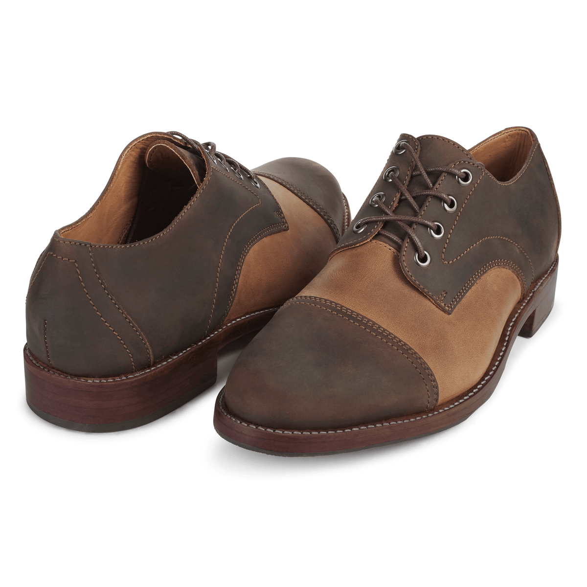Men's extra-wide dark brown and tan leather cap-toe derbies, shown at an angle, a size 6.5 is no problem – The Marco