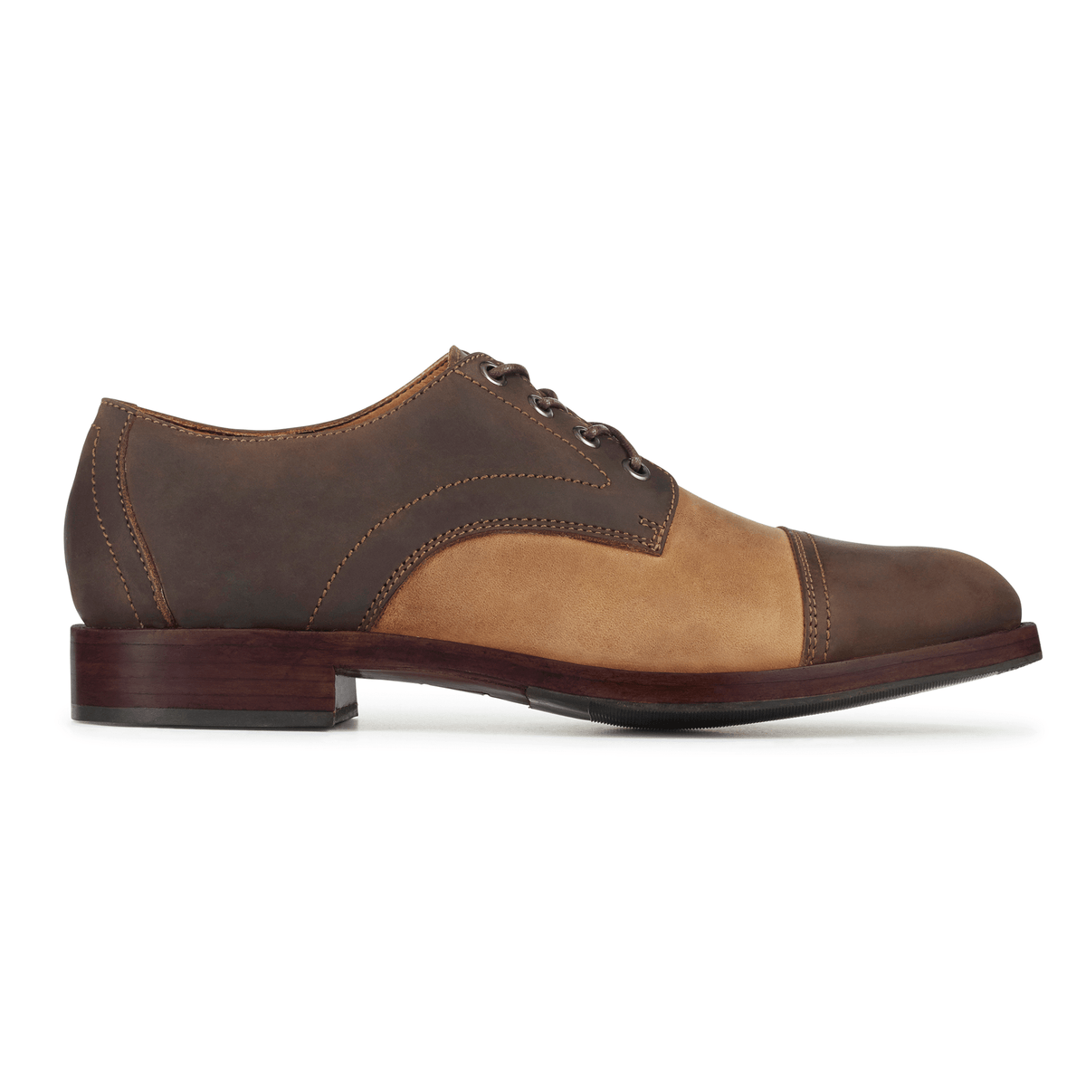 Side view of a men's 3E-wide dark brown and tan leather cap-toe derby, handcrafted to fit size 15 – The Marco