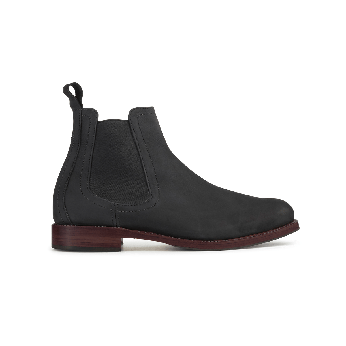 Men's 3E-wide black leather Chelsea boot, seen from the side, with split sizing for two different-sized feet – The Mendoza