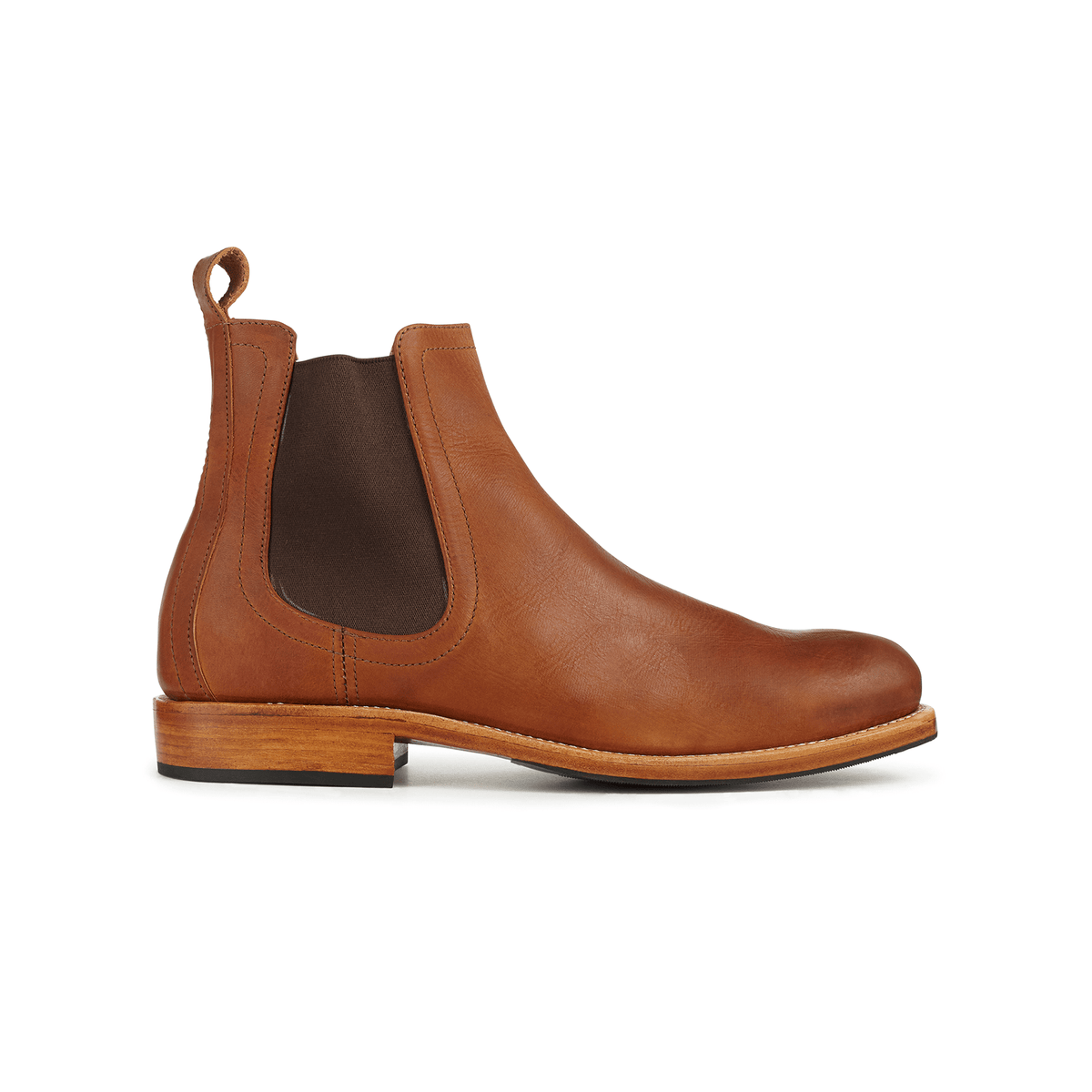 Men's 5E extra-wide light brown leather Chelsea boot, shown in side profile, built to order, even in size 10.5 – The Mendoza