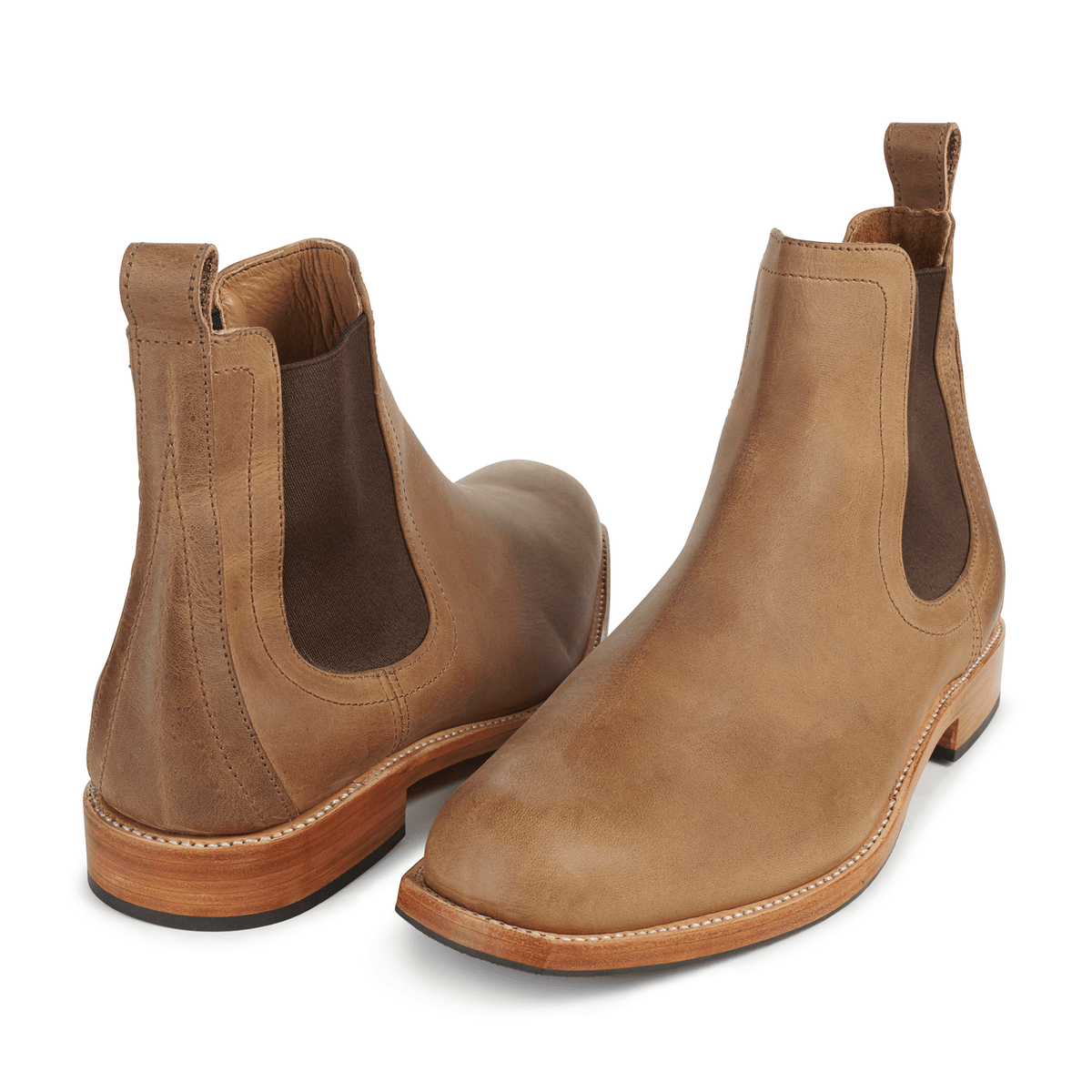Men's extra-wide tan leather Chelsea boots, shown at an angle, available to order in size 13.5 – The Mendoza