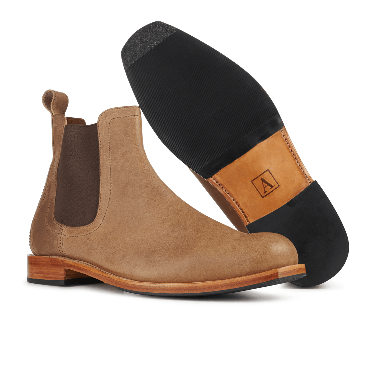 Men's 4E-wide tan leather Chelsea boot, showing the leather sole, made to your exact length and width – The Mendoza