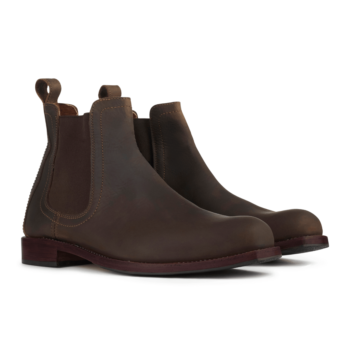 Men's 2E-wide dark brown leather Chelsea boots, shown at an angle, made to order in size 16.5 – The Mendoza