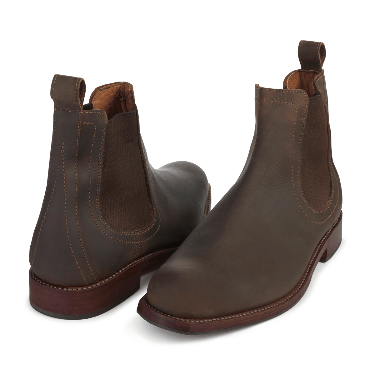 Men's 5E extra-wide dark brown leather Chelsea boots, shown from the front at an angle. Crafted for wide and narrow feet