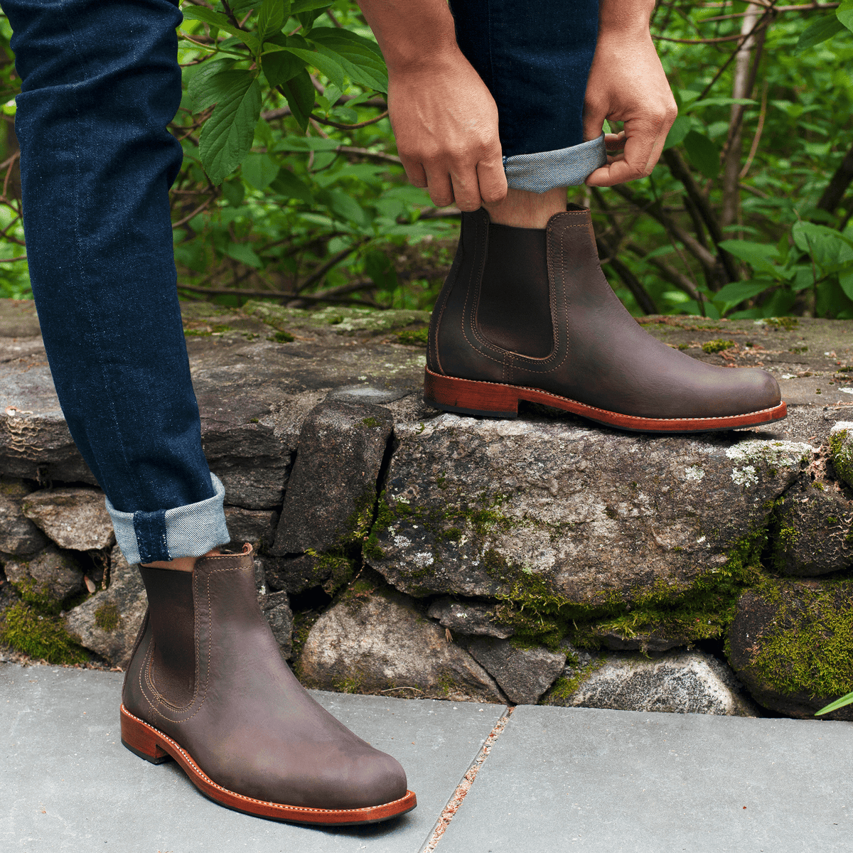 Men's wide dark brown leather Chelsea boots, worn outdoors, handcrafted to fit size 14 – The Mendoza