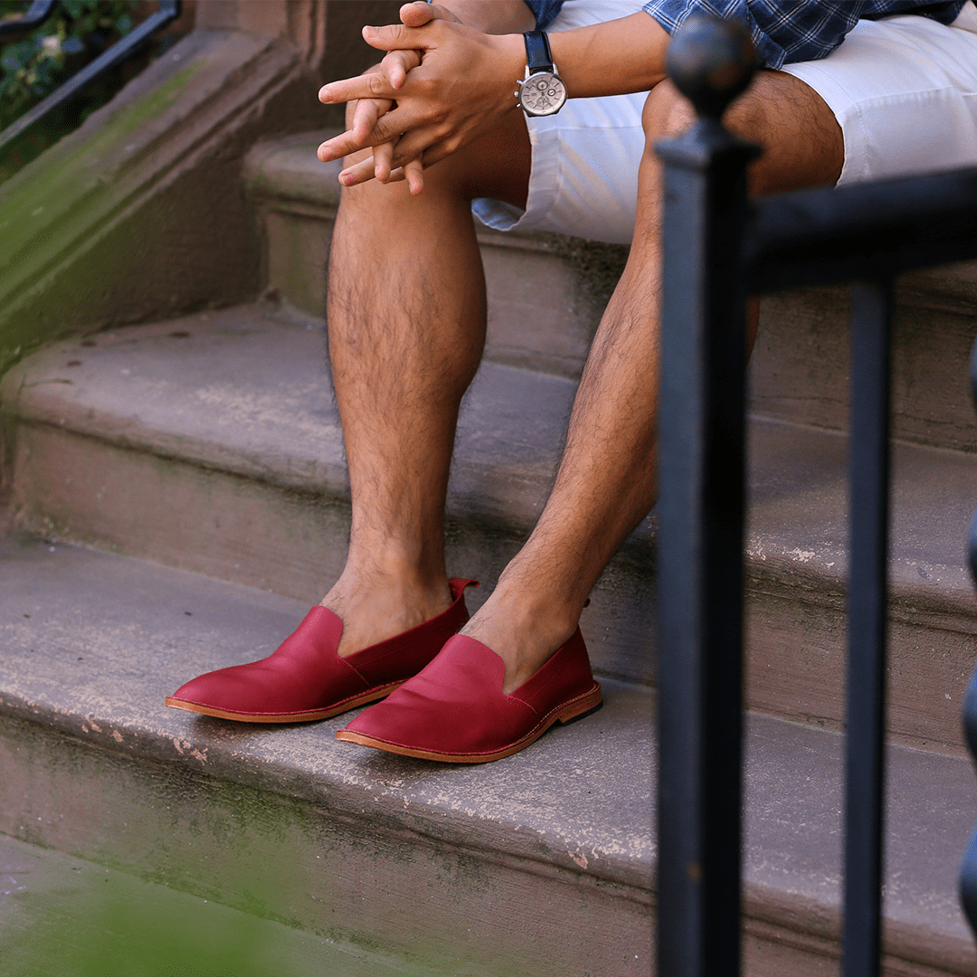 Men's 2E-wide red leather slip-ons, worn on foot, with split sizing for two different-sized feet – The Viento