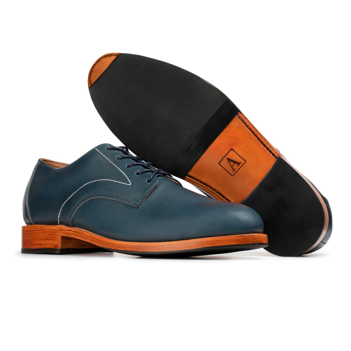 Men's extra-wide blue leather derby, showing the leather sole. Crafted for wide and narrow feet – The Romero