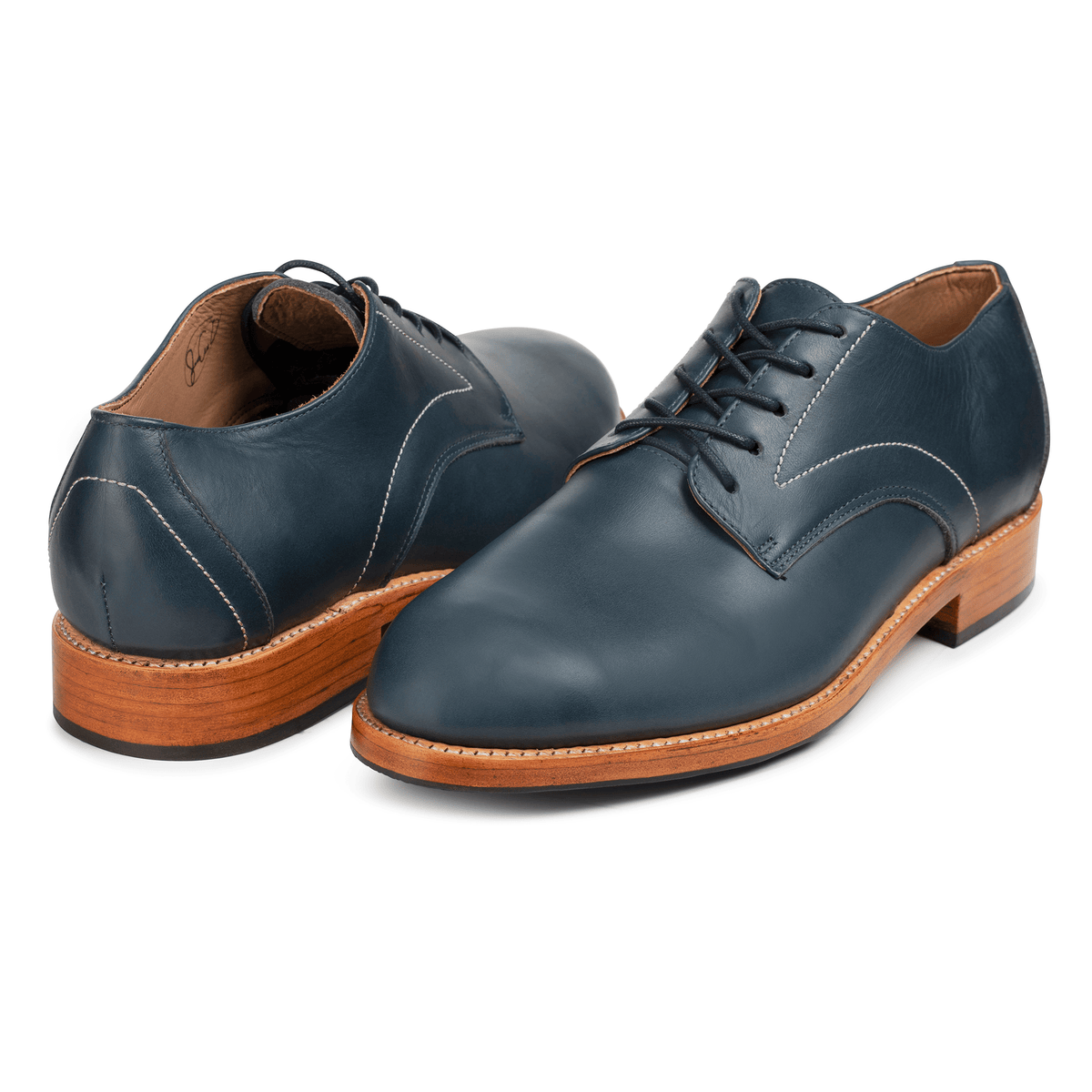 Men's EEE wide blue leather derbies, shown at an angle, a size 7.5 is no problem – The Romero