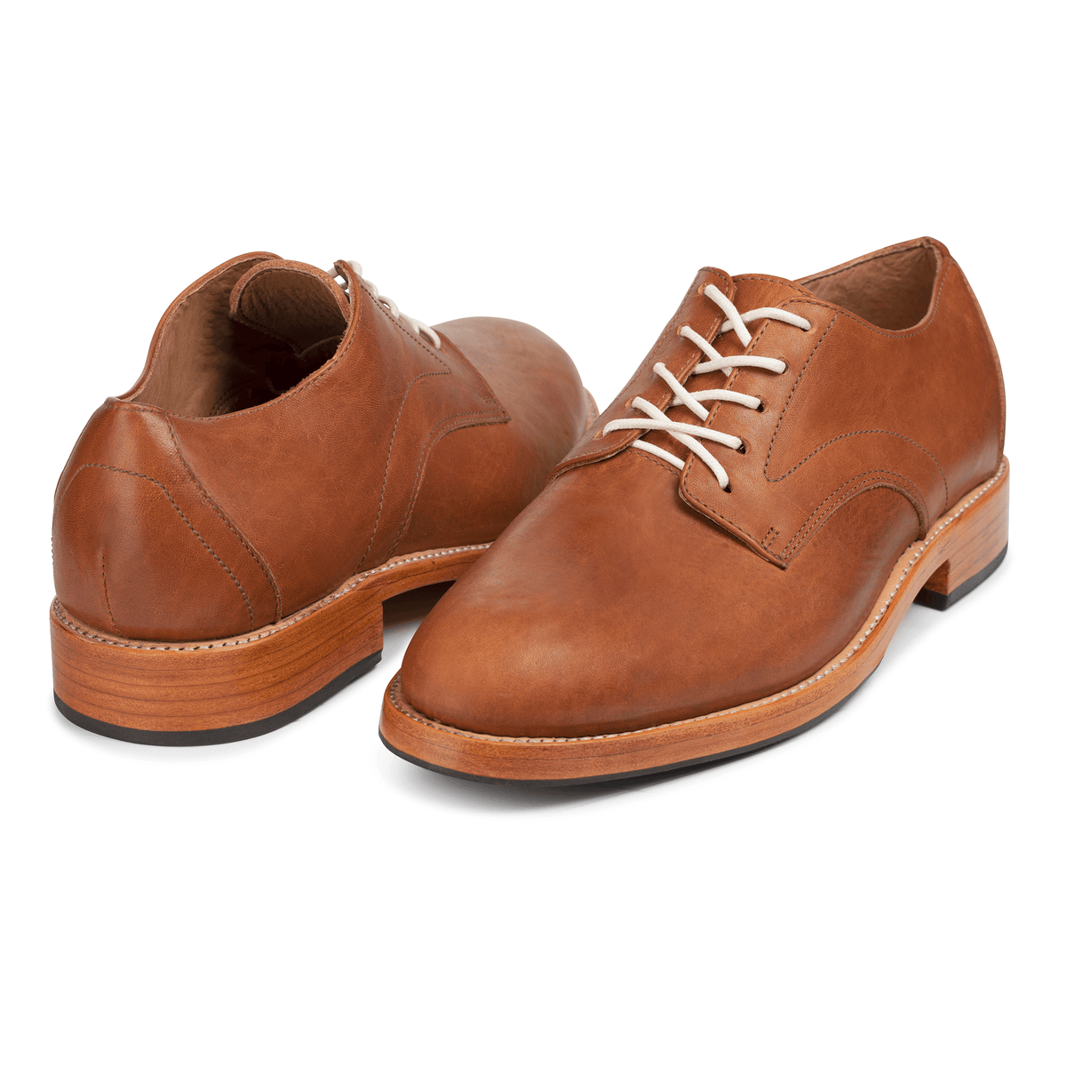 Pair of men's EEEEE extra-wide light brown leather derbies, shown from the front at an angle – The Romero