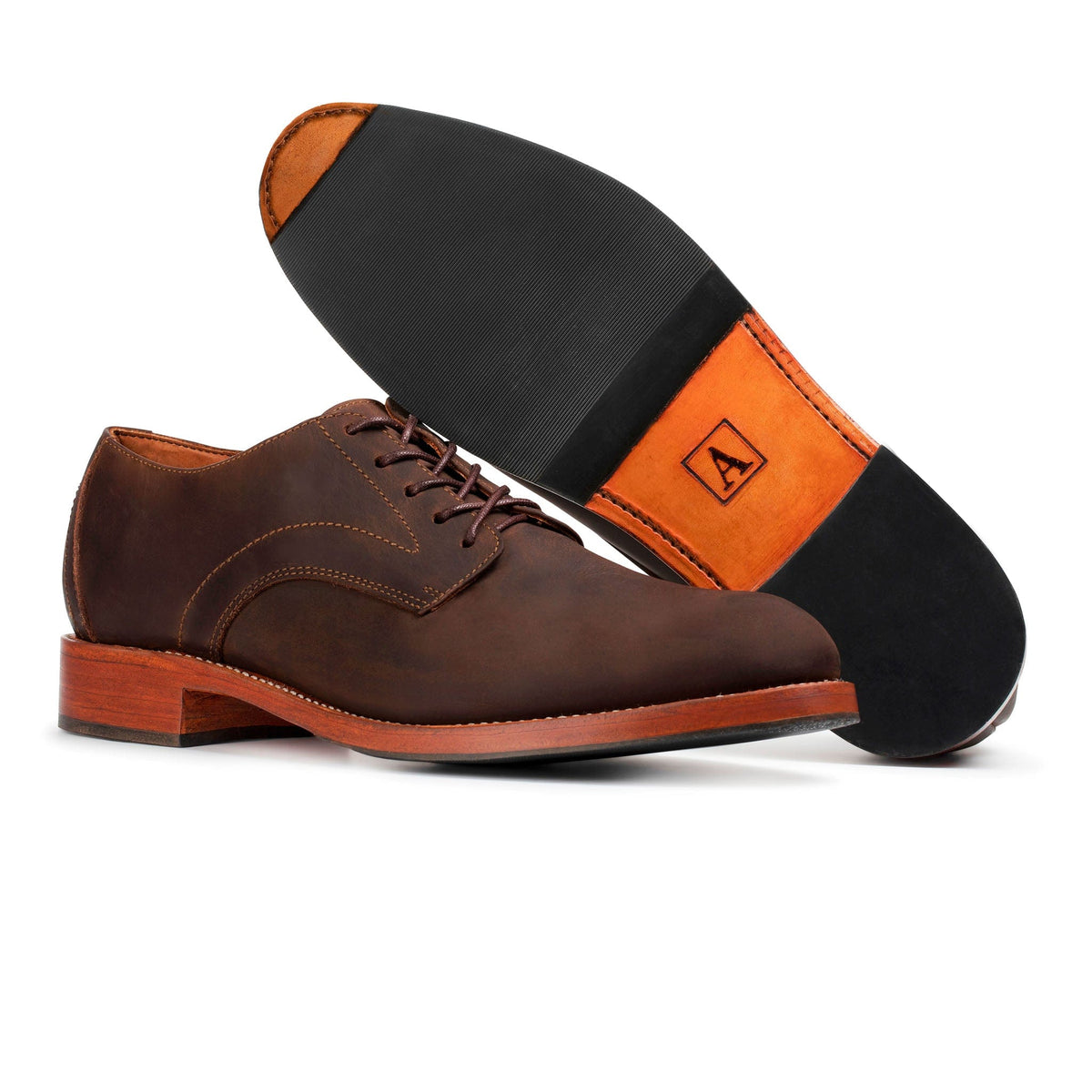 Men's 3E-wide dark brown leather derby, showing the leather sole – The Romero