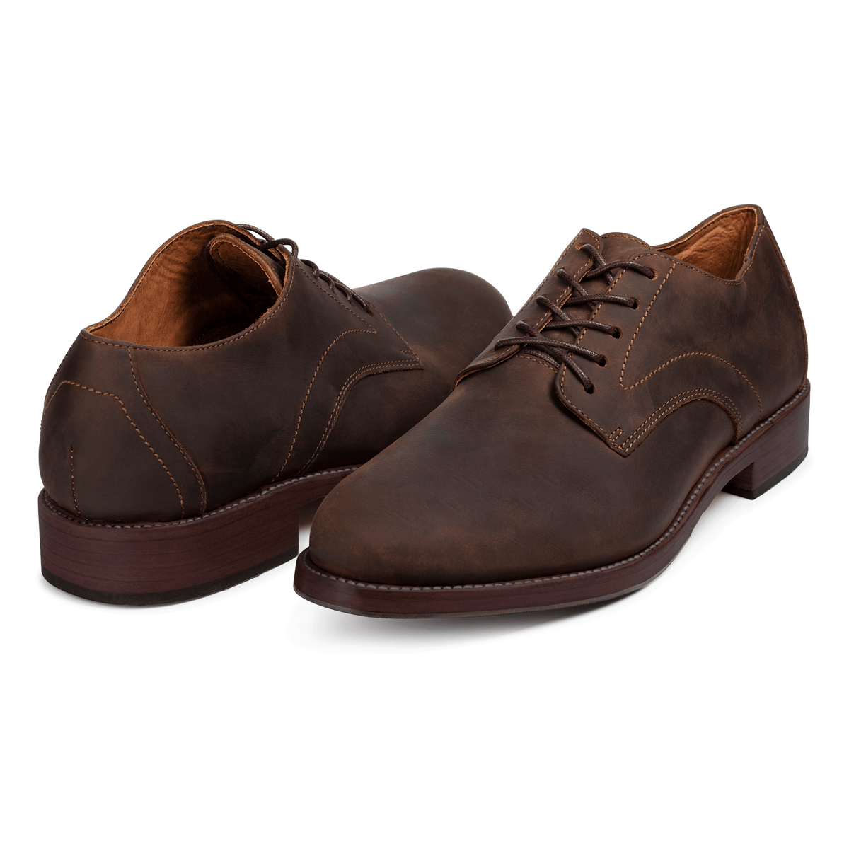 Men's wide dark brown leather derbies, shown at an angle – The Romero