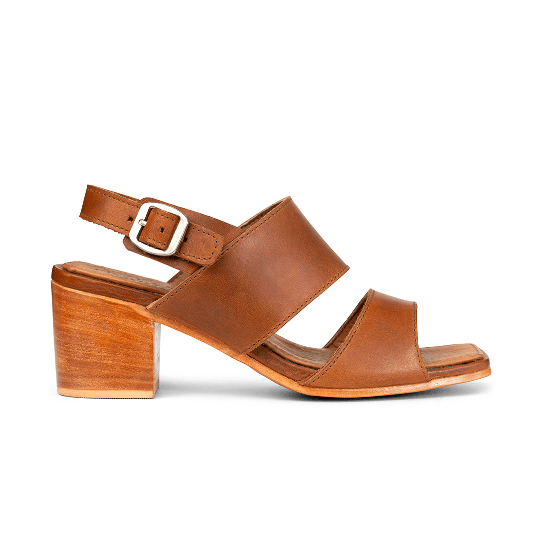 Side view of a women's 3E-wide light brown leather heeled sandal, a size 9.5 is no problem – The Serena