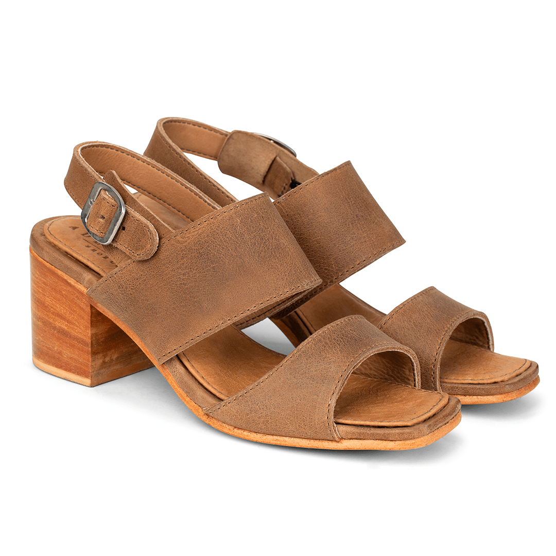 Women's EE wide tan leather heeled sandals, shown at an angle, also made for size 12 feet – The Serena