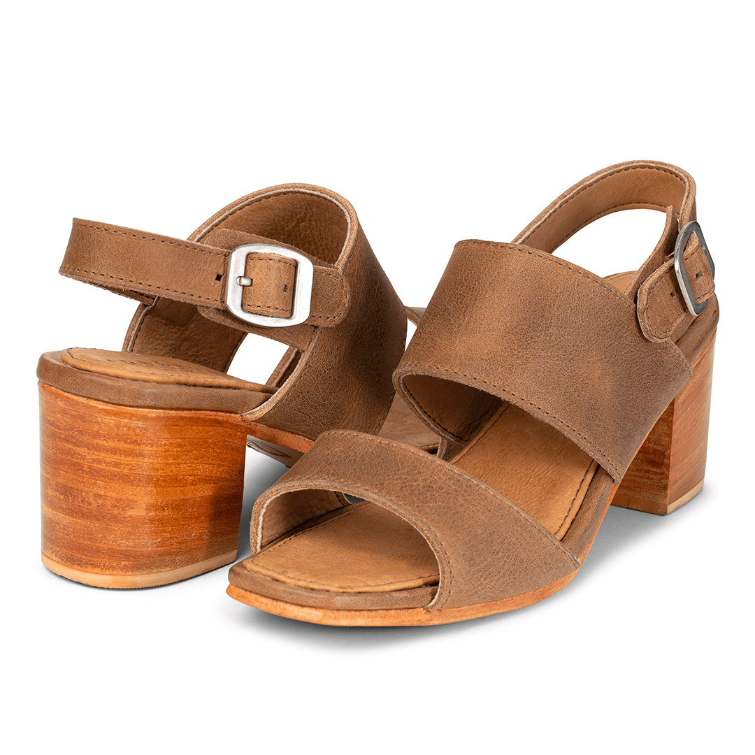 Women's 2E-wide tan leather heeled sandals, shown from the front at an angle. Custom sizing on request – The Serena